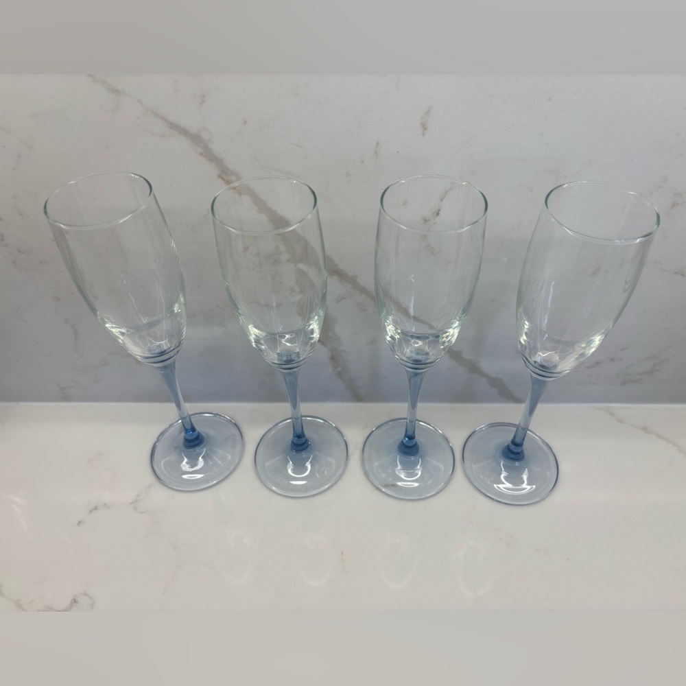 4 Vintage Luminarc Cristal D'Arques Azur Pattern Blue Stemmed Champagne Flutes